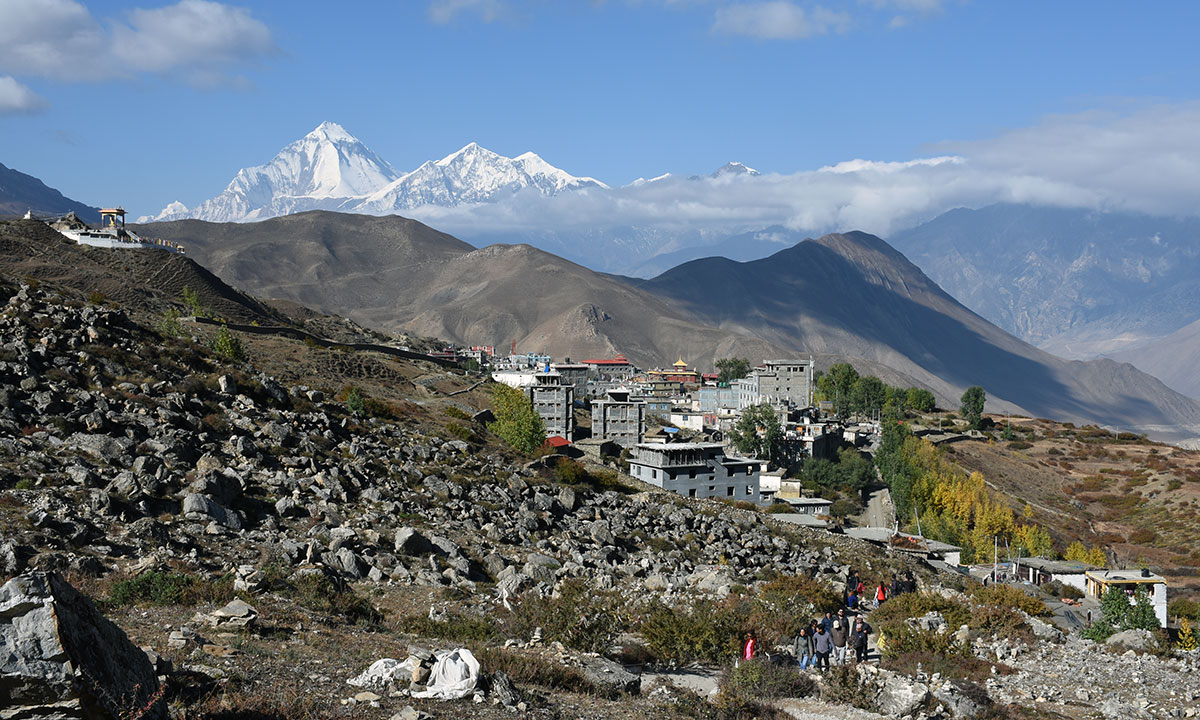 Mountain views with Mt. Dhaulagiri 8160m and Jharkot from Muktinath Temple gate.