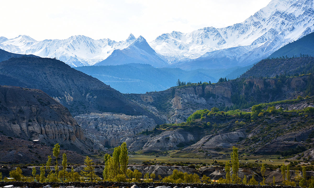 Views of Mt. Nilgiri and other smaller mountain range as seen from Jomsom.